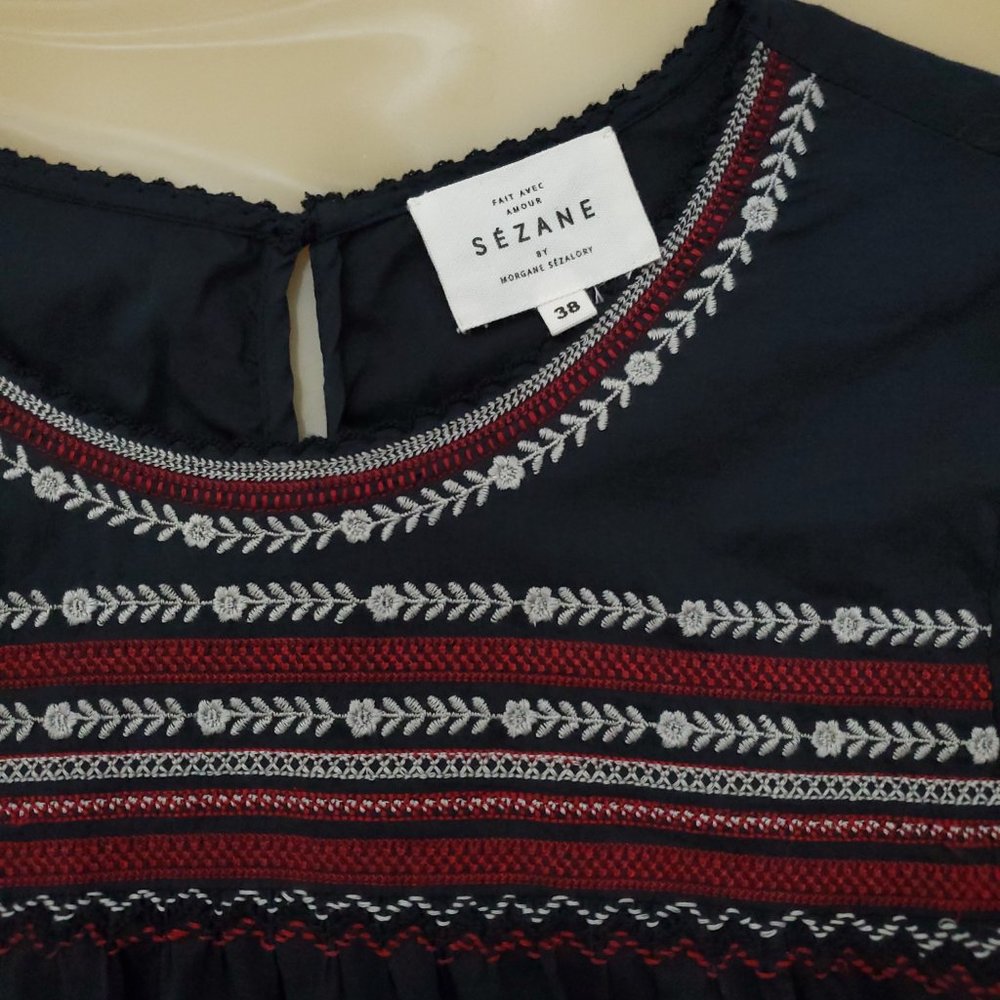 Sezane by Morgane Sezalory Embroidered Boho Navy Cotton Top - Picture 8 of 16